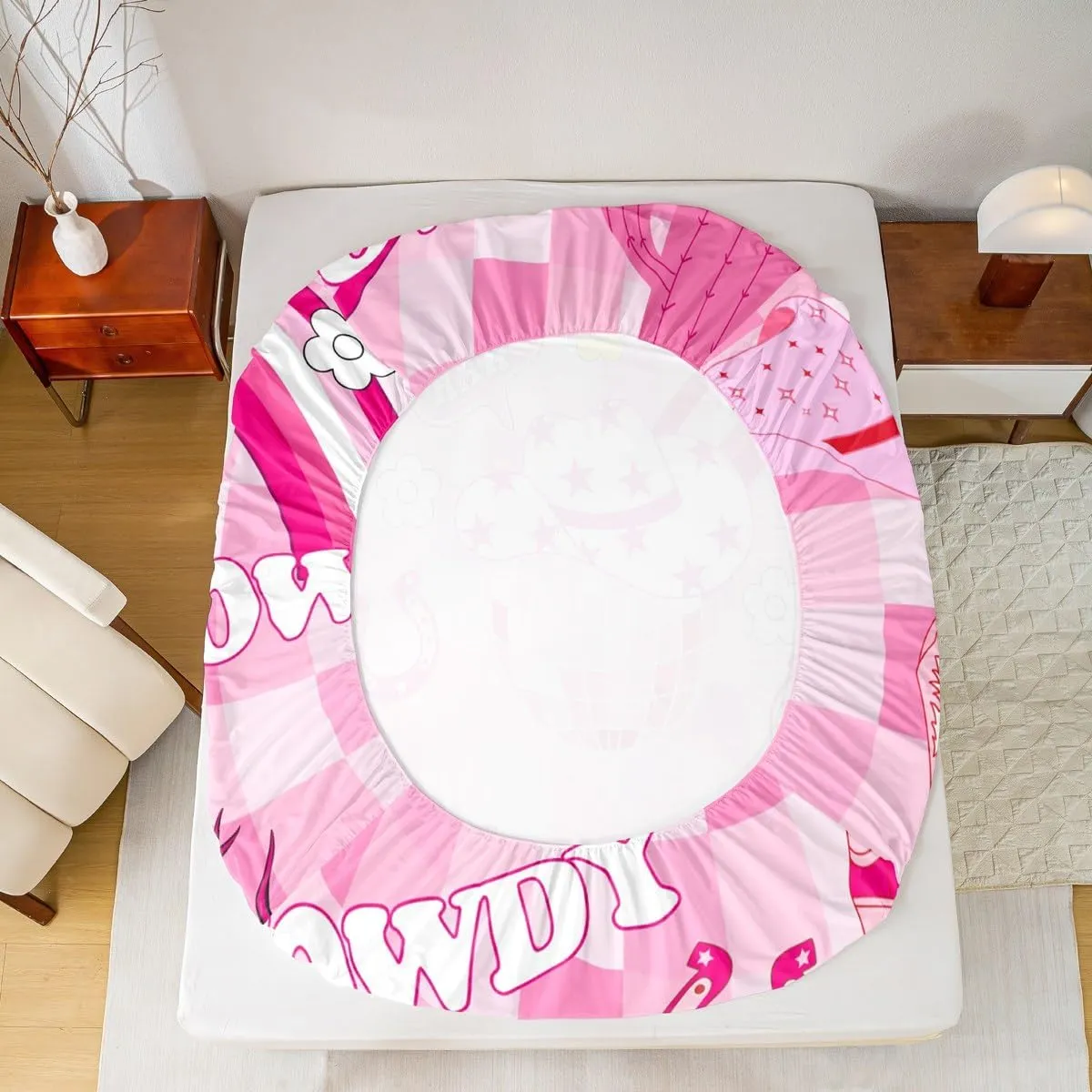 Cowgirls Sheet Set Twin Size, Western Cowgirl Boots Hat Horseshoe Bedding Set, Hot Pink Daisy Cactus Cow Skull Bed Sheet Set 3pcs with Deep Pocket Fitted, Flat and 1 Pillowcase, Kids Girl Room Decor
