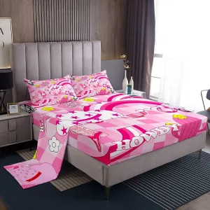Cowgirls Sheet Set Twin Size, Western Cowgirl Boots Hat Horseshoe Bedding Set, Hot Pink Daisy Cactus Cow Skull Bed Sheet Set 3pcs with Deep Pocket Fitted, Flat and 1 Pillowcase, Kids Girl Room Decor