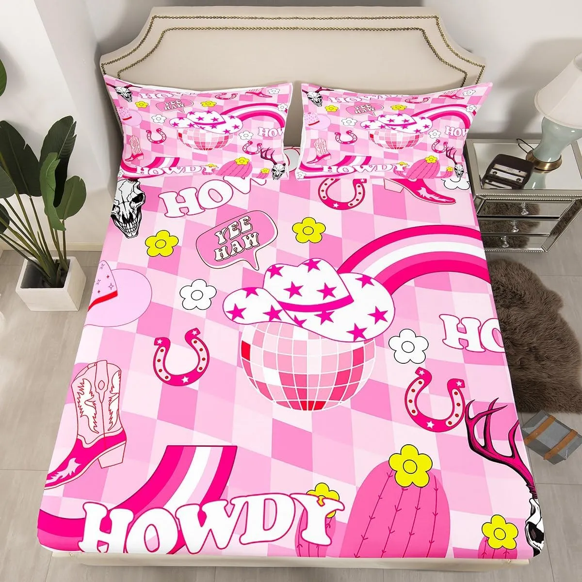 Cowgirls Sheet Set Twin Size, Western Cowgirl Boots Hat Horseshoe Bedding Set, Hot Pink Daisy Cactus Cow Skull Bed Sheet Set 3pcs with Deep Pocket Fitted, Flat and 1 Pillowcase, Kids Girl Room Decor