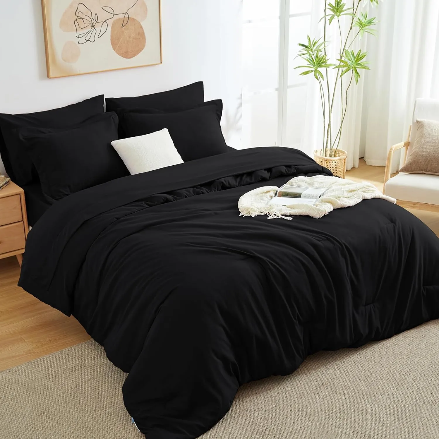 CozyLux Queen Comforter Set Black, 7 Pieces Bed in a Bag Soft Bedding Comforter Set with Sheets, All Season Boho 7PC Bed Sets with Comforter, Fitted Sheets, Flat Sheets, Pillow Shams and Pillowcases