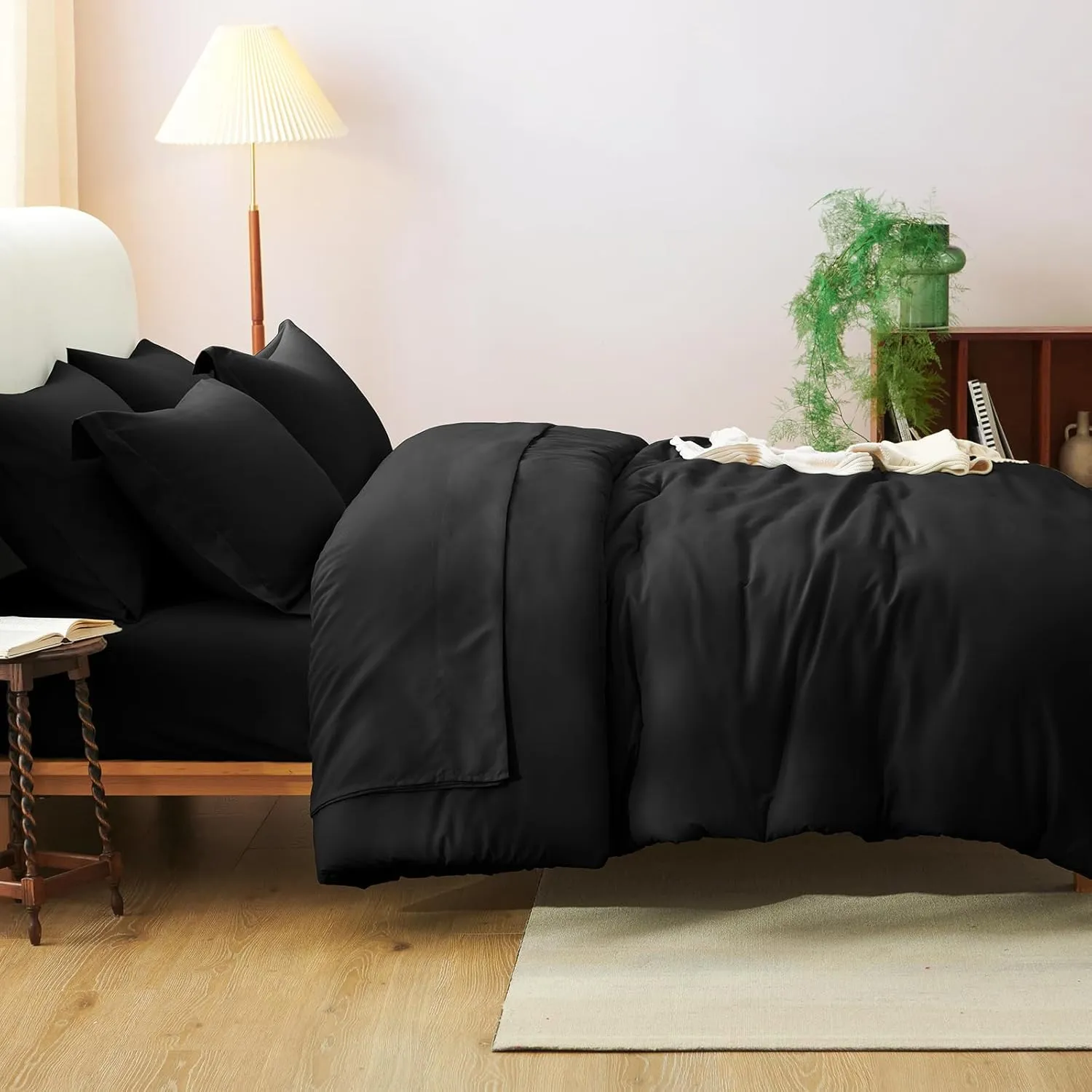 CozyLux Queen Comforter Set Black, 7 Pieces Bed in a Bag Soft Bedding Comforter Set with Sheets, All Season Boho 7PC Bed Sets with Comforter, Fitted Sheets, Flat Sheets, Pillow Shams and Pillowcases