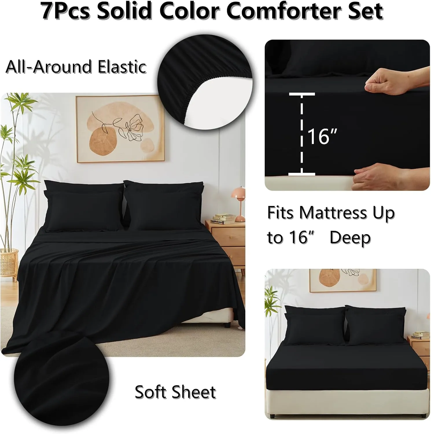 CozyLux Queen Comforter Set Black, 7 Pieces Bed in a Bag Soft Bedding Comforter Set with Sheets, All Season Boho 7PC Bed Sets with Comforter, Fitted Sheets, Flat Sheets, Pillow Shams and Pillowcases