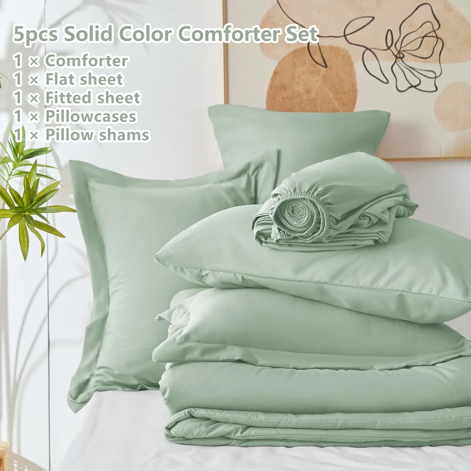CozyLux Twin XL Comforter Set Sage Green, 5 Pieces Bed in a Bag Twin Extra Long Comforter Set with Sheets, 5PC Bedding Sets with Down Alternative Comforter, Sheets, Pillowcase & Sham for All Seasons