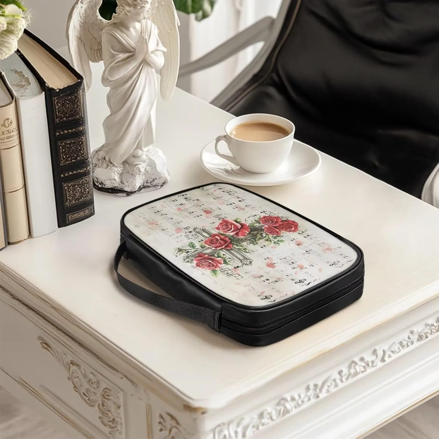 Cross Red Roses Bible Cover for Women Simple Bible Pack Light Bible & Book Carrying Case Stylish and Zippered Book Case with Pocket for Church Gifts
