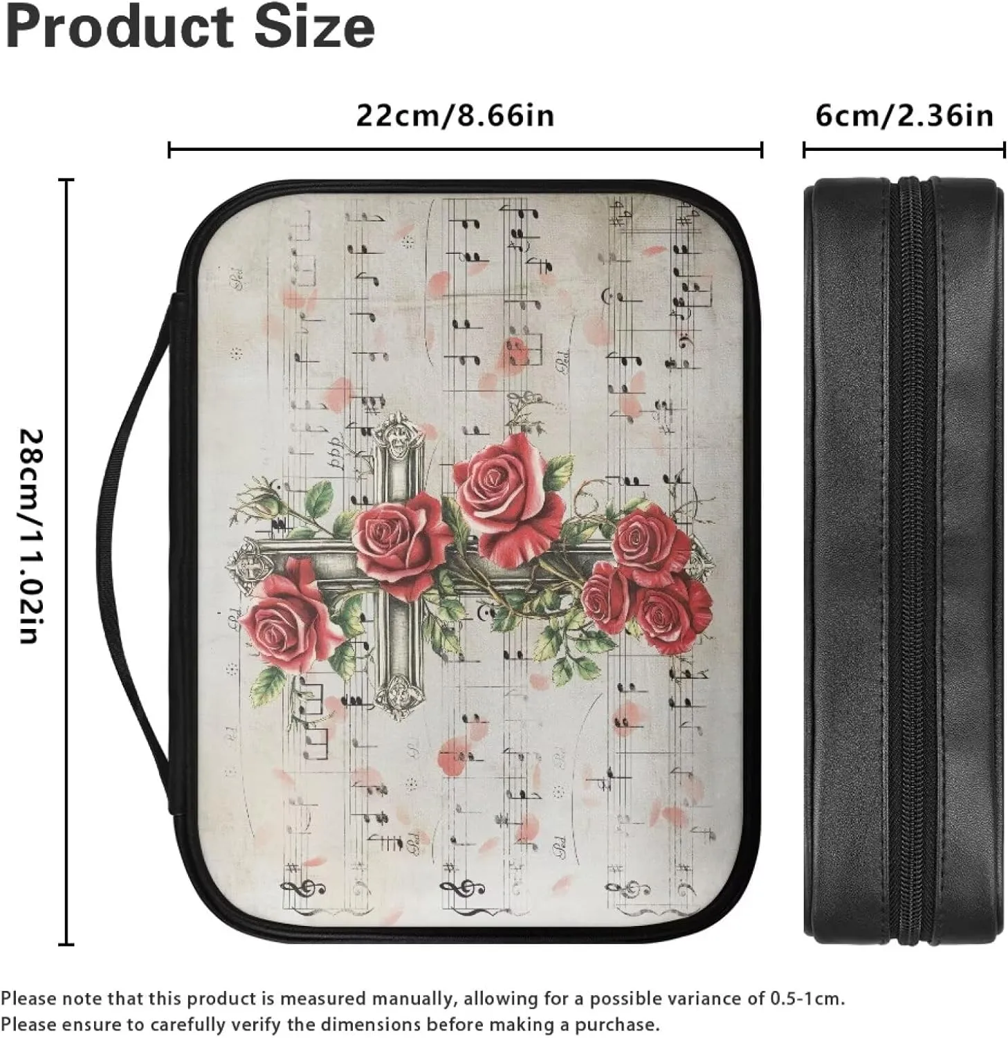 Cross Red Roses Bible Cover for Women Simple Bible Pack Light Bible & Book Carrying Case Stylish and Zippered Book Case with Pocket for Church Gifts