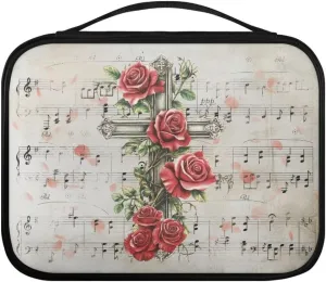 Cross Red Roses Bible Cover for Women Simple Bible Pack Light Bible & Book Carrying Case Stylish and Zippered Book Case with Pocket for Church Gifts