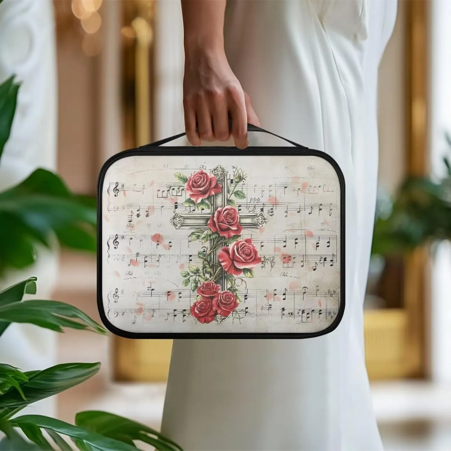 Cross Red Roses Bible Cover for Women Simple Bible Pack Light Bible & Book Carrying Case Stylish and Zippered Book Case with Pocket for Church Gifts