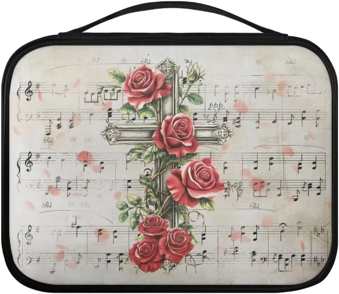Cross Red Roses Bible Cover for Women Simple Bible Pack Light Bible & Book Carrying Case Stylish and Zippered Book Case with Pocket for Church Gifts