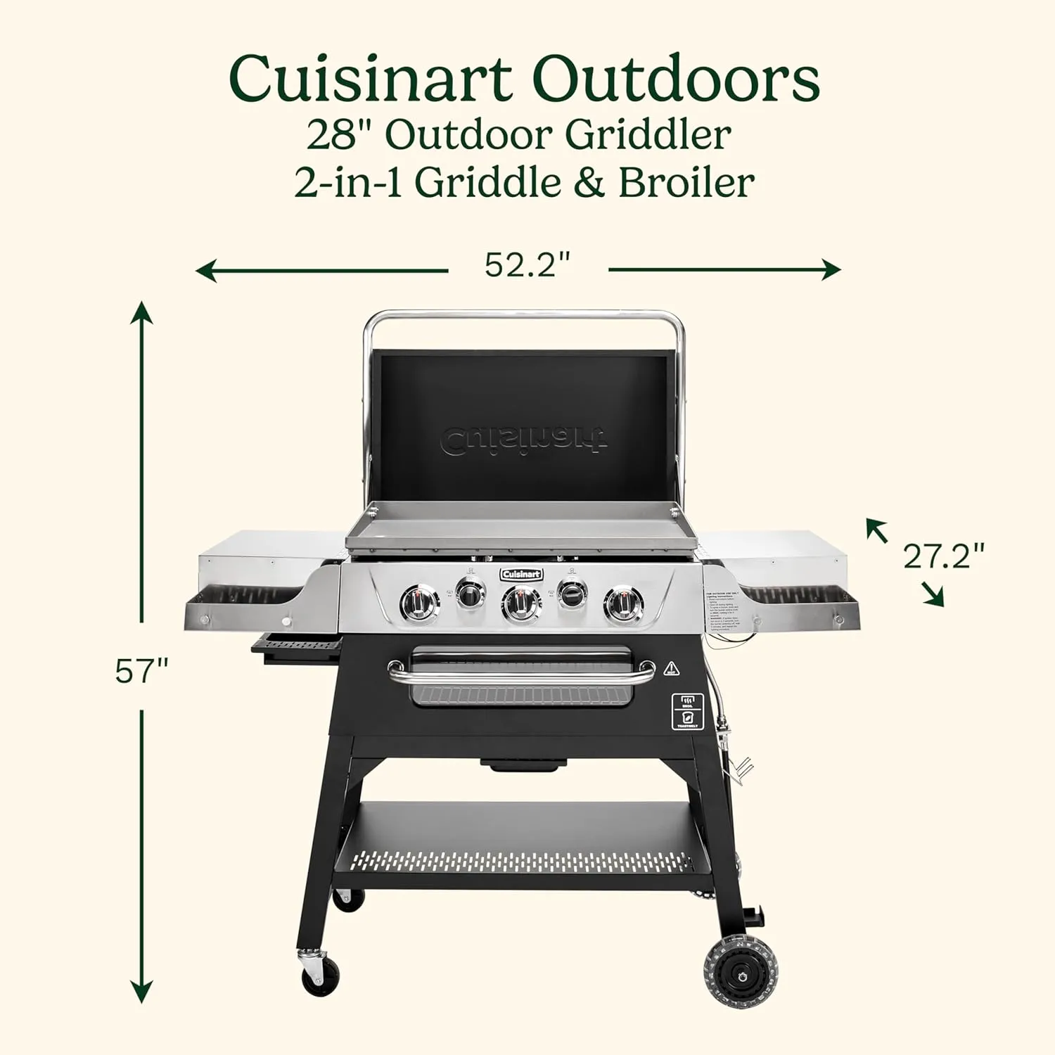 Cuisinart 28” Outdoor Griddler and Broiler Combo, 2-in-1 Carbon Steel Flat-Top Grill and Broiler with Hood, Adjustable Rack, Wheels, Side Tables, Large Cooking Area for BBQs, Outdoor Griddle Station