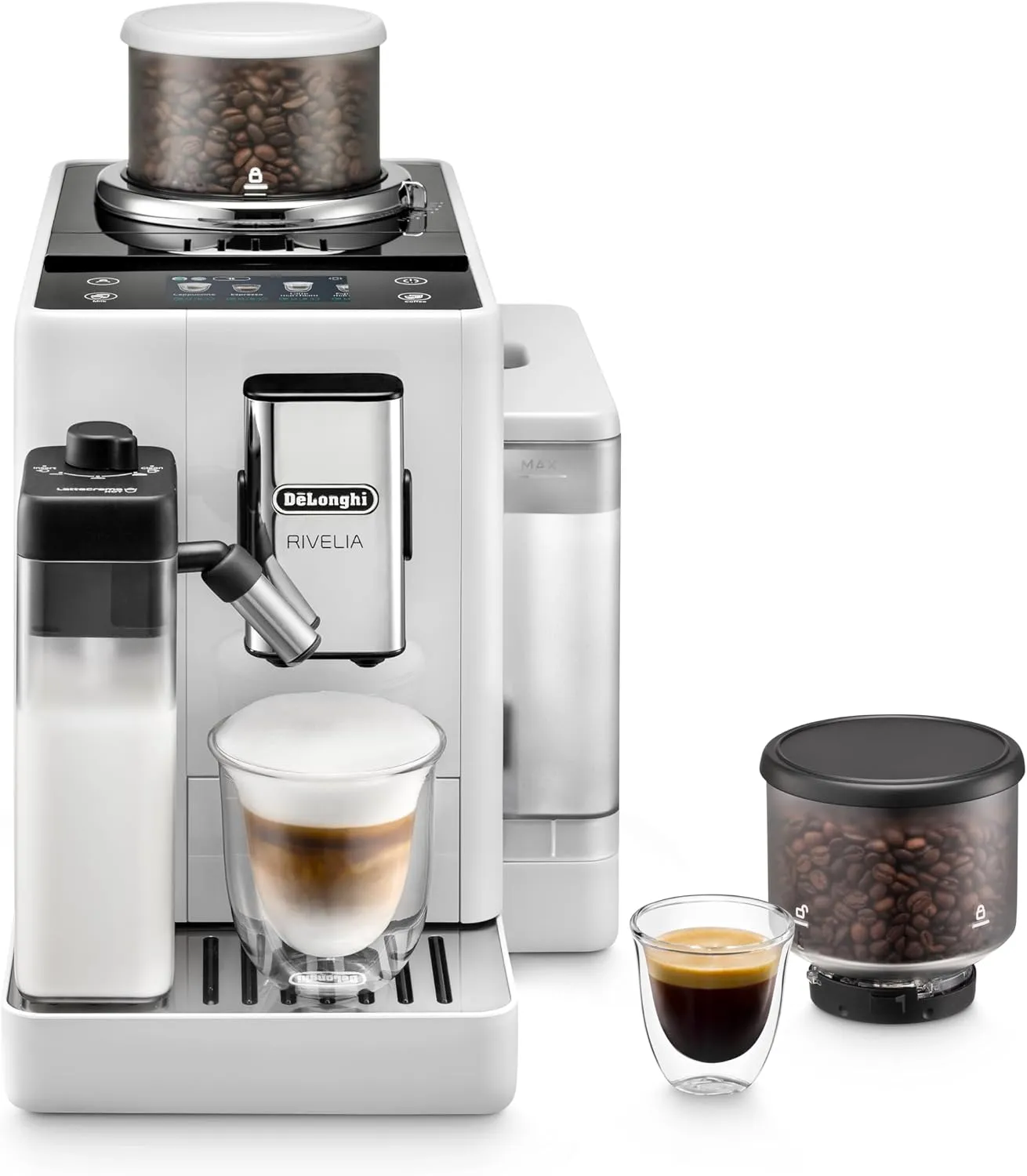 De'Longhi Rivelia Automatic Espresso Machine, Grinder & Frother, Easy Bean Switching, White