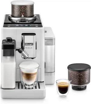 De'Longhi Rivelia Automatic Espresso Machine, Grinder & Frother, Easy Bean Switching, White