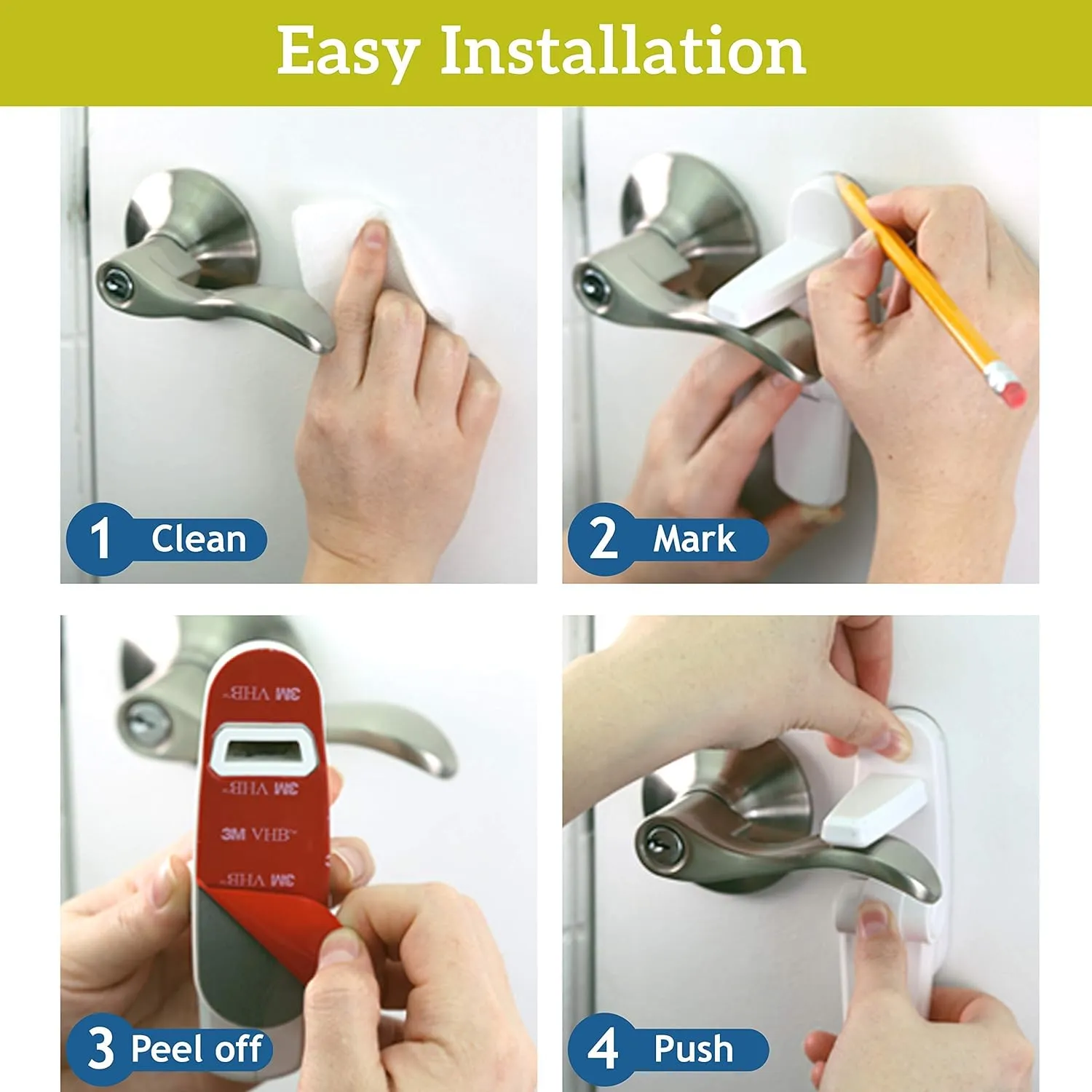 Door Lever Locks (4 Pack) - Prevents Toddlers from Opening Doors - Durable ABS with 3M Adhesive - Easy One-Hand Operation for Adults, No Tools Needed