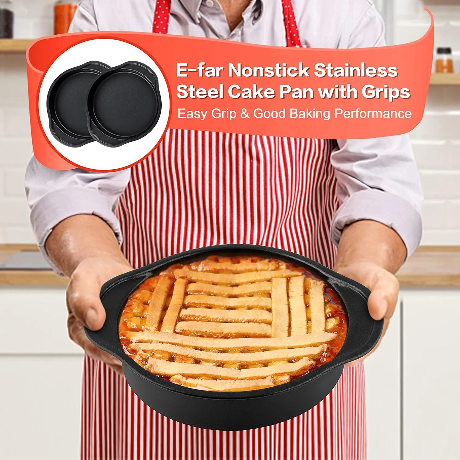 E-far 8 Inch Cake Pan Set of 2, Nonstick Round Cake Pans Tins with Handle for Birthday Wedding, Stainless Steel Core & Non-toxic Coating, Easy Grips & Straight Side