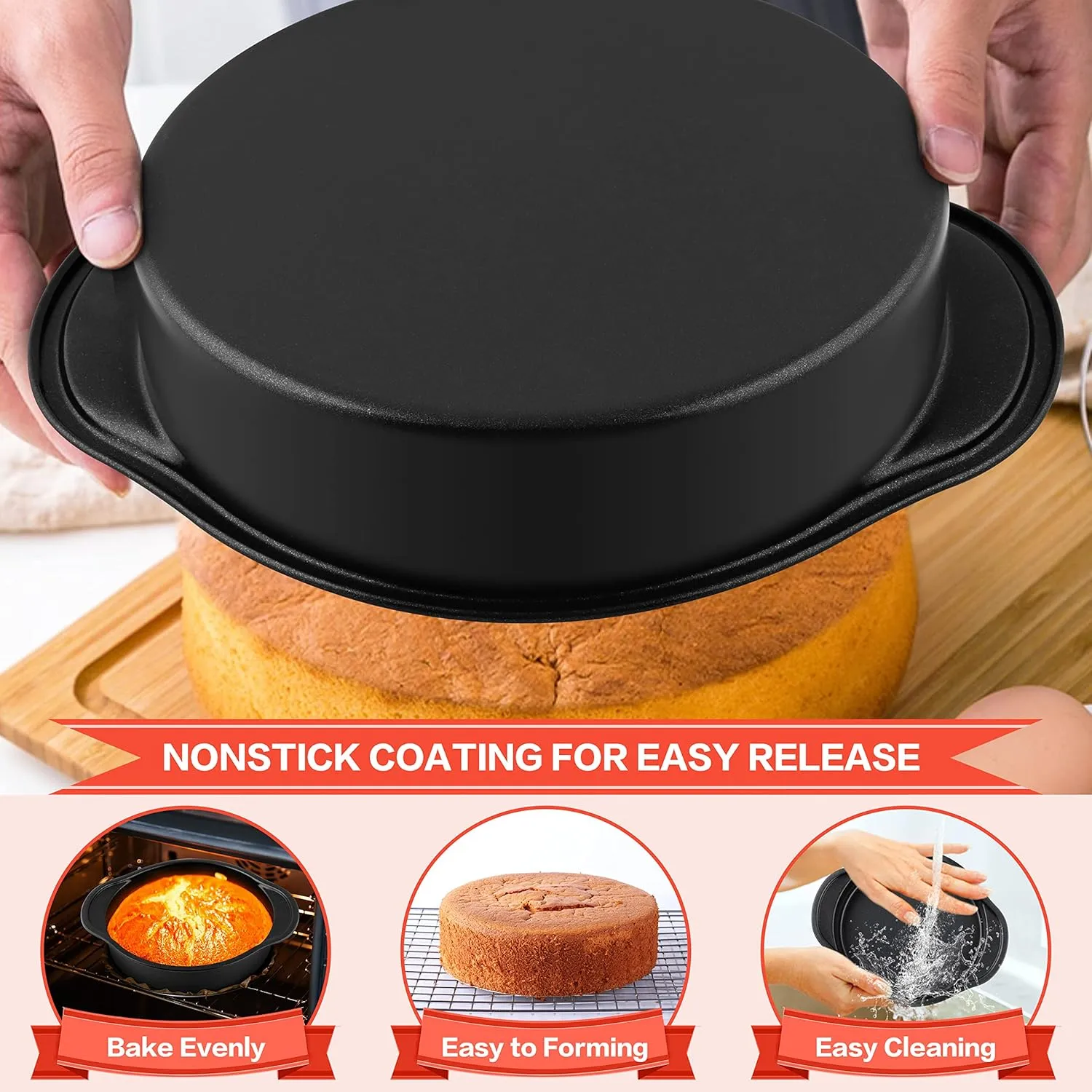 E-far 8 Inch Cake Pan Set of 2, Nonstick Round Cake Pans Tins with Handle for Birthday Wedding, Stainless Steel Core & Non-toxic Coating, Easy Grips & Straight Side