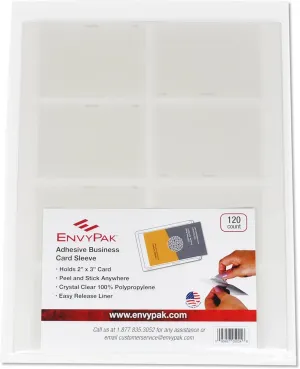 EnvyPak Business Card Pocket/Holder, Peel and Stick Adhesive, Side Loading, Clear - Holds 2" x 3.5" Cards - Box of 120