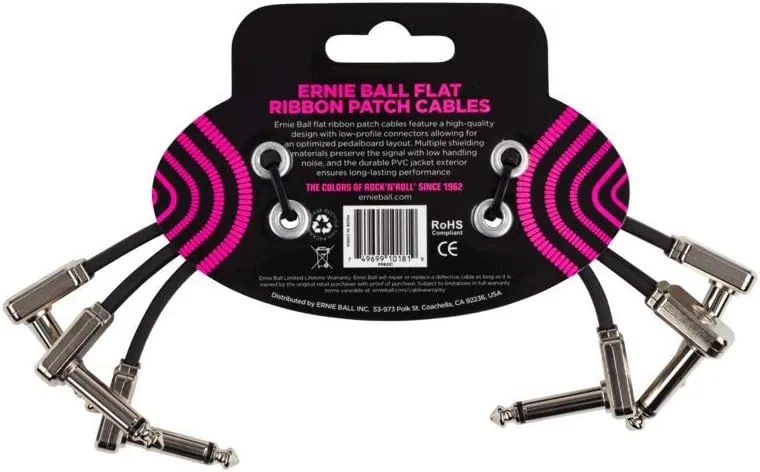 Ernie Ball Flat Ribbon Patch Cable 3-Pack, 6in, Black (P06221)