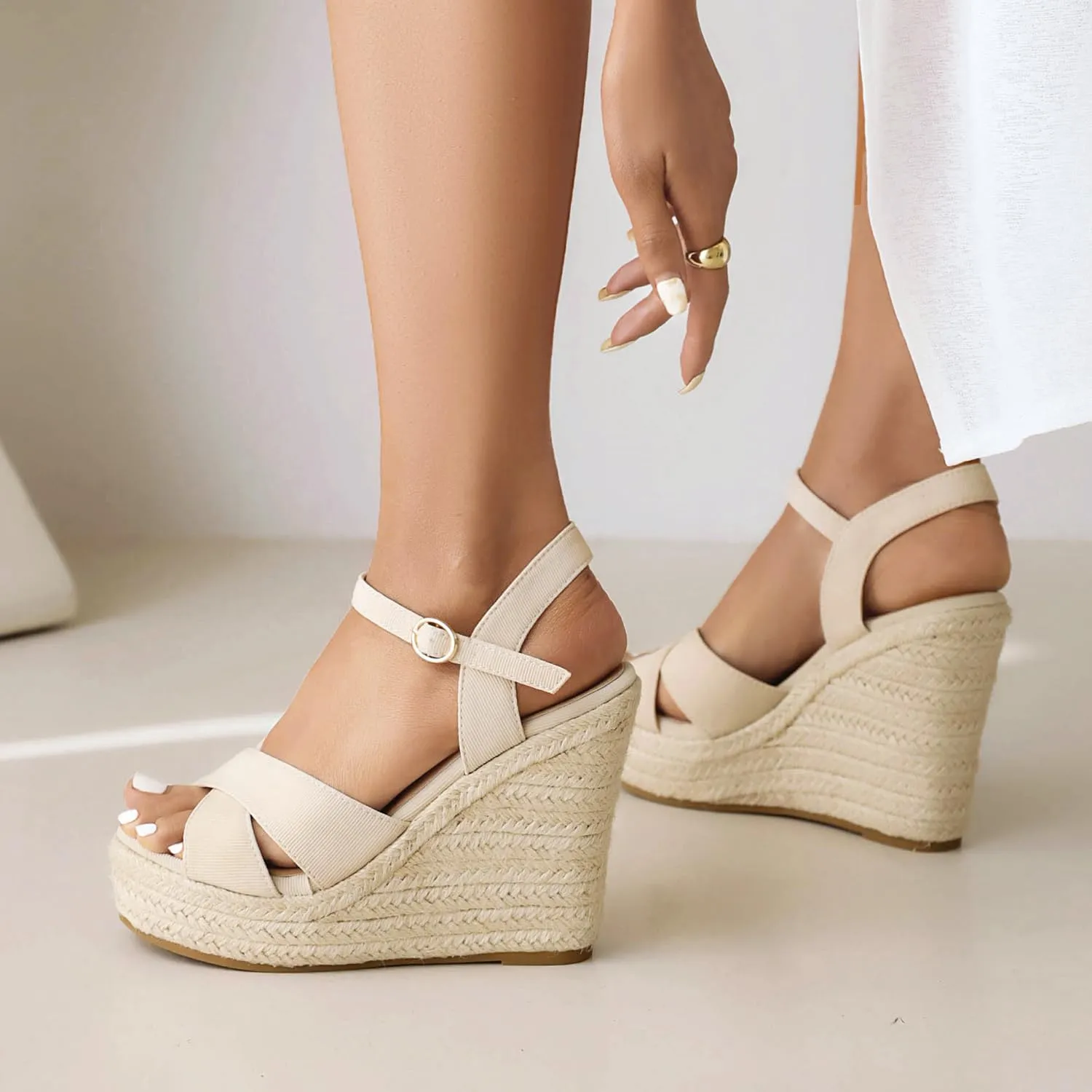 Espadrille Wedge Sandals for Women, Women's Platform Wedge Heels, High Heel Summer Wedges for Women with Breathable Knitted Textile Upper Open Toe Ankle Strap