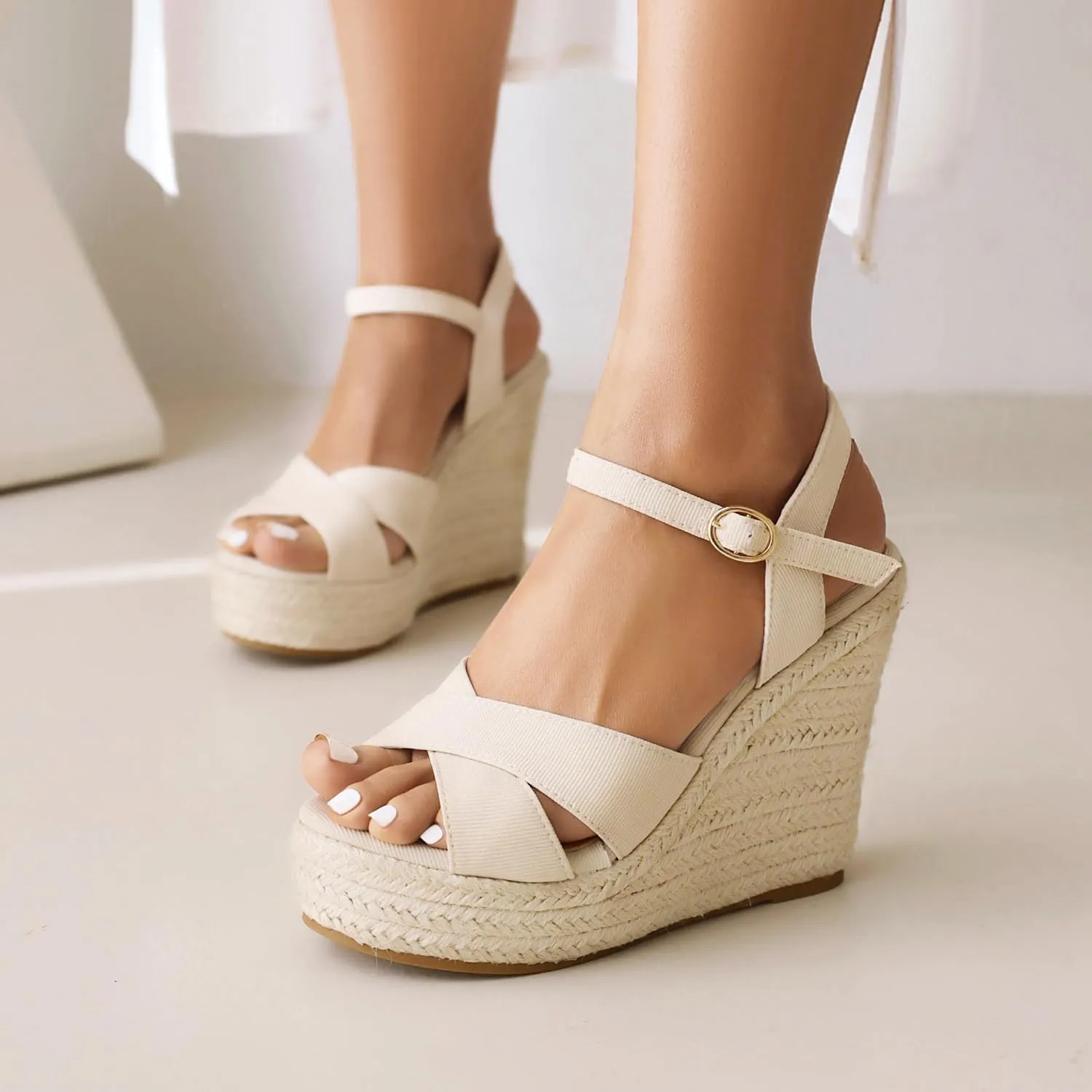 Espadrille Wedge Sandals for Women, Women's Platform Wedge Heels, High Heel Summer Wedges for Women with Breathable Knitted Textile Upper Open Toe Ankle Strap