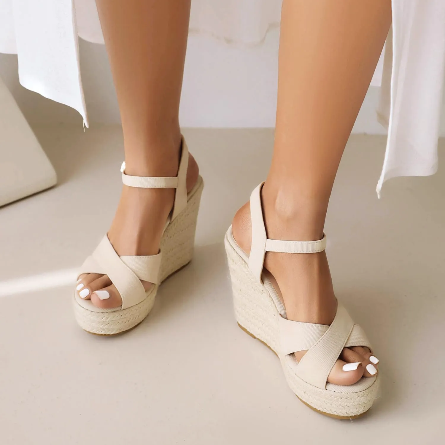 Espadrille Wedge Sandals for Women, Women's Platform Wedge Heels, High Heel Summer Wedges for Women with Breathable Knitted Textile Upper Open Toe Ankle Strap