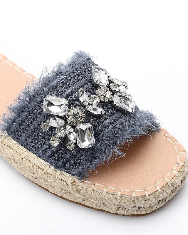 FAN-DJTV-014 Crystal Fringe Espadrille Slide - Light Beige
