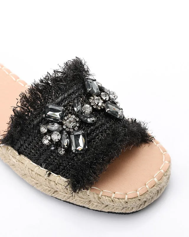 FAN-DJTV-014 Crystal Fringe Espadrille Slide - Light Beige