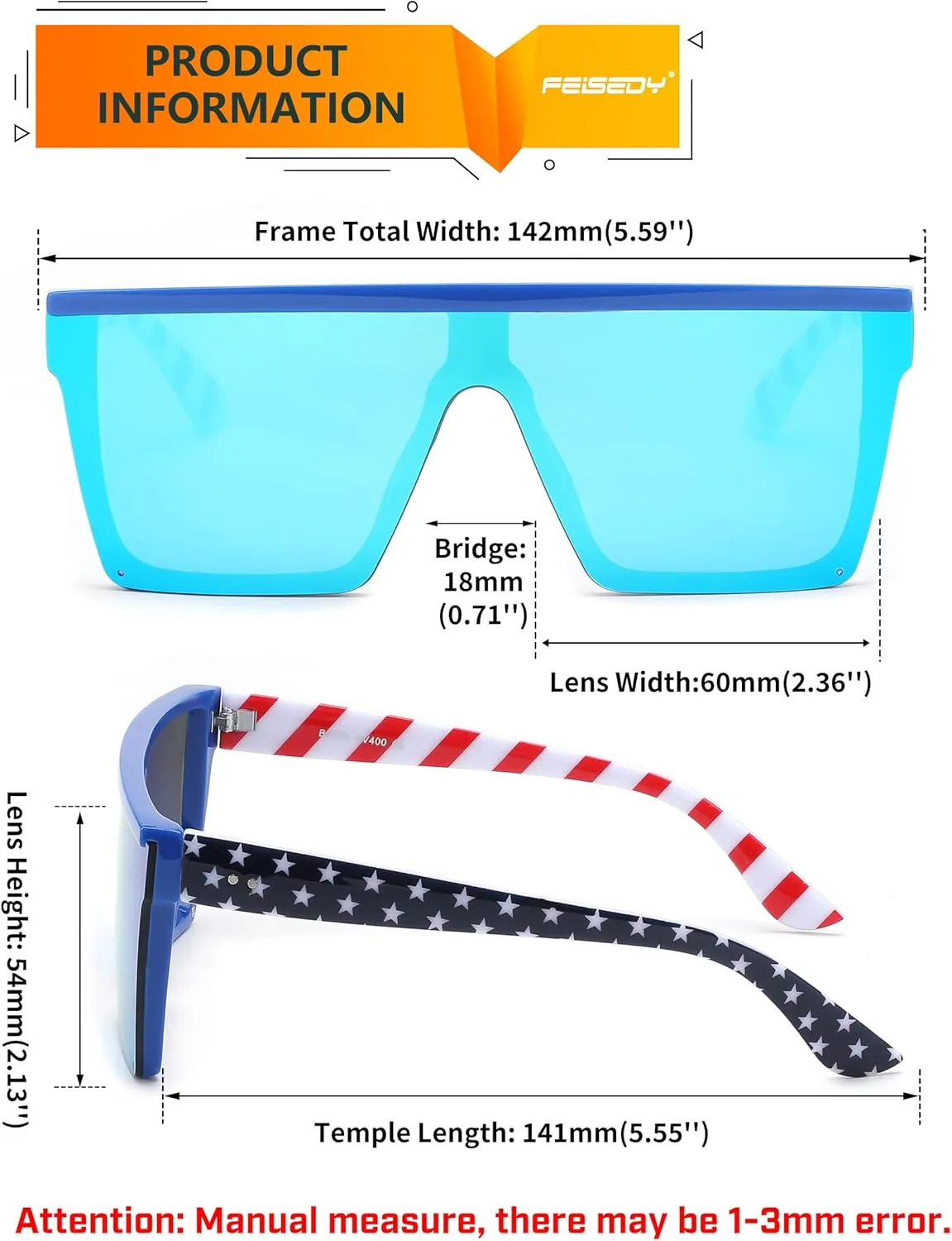 FEISEDY Oversized Sunglasses Mens Womens Flat Top Square Trendy Visor Shades UV400 B2470