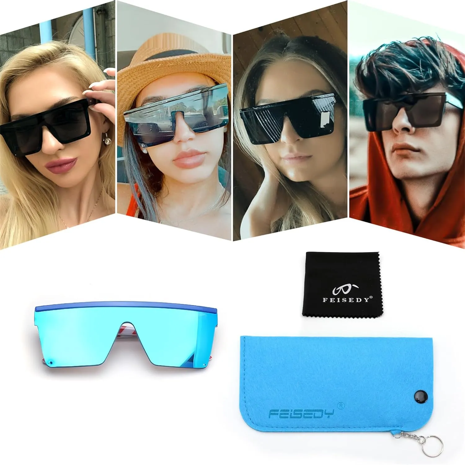 FEISEDY Oversized Sunglasses Mens Womens Flat Top Square Trendy Visor Shades UV400 B2470