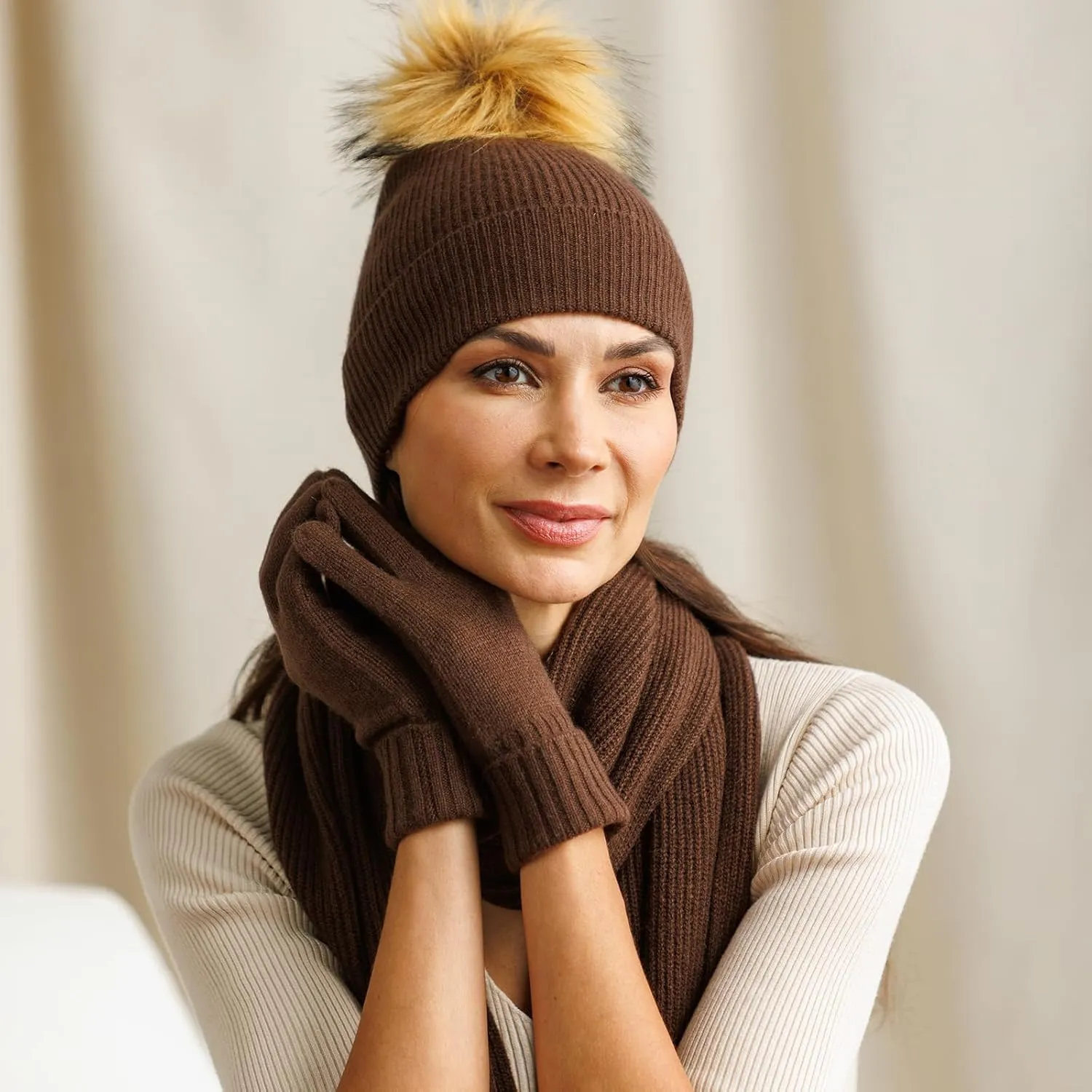 Fishers Finery Women's 100% Cashmere Pom Hat and Glove Set; with Gift Box