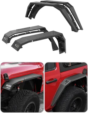 Flat Front & Rear Fender Flares Compatible with 2018-2025 Jeep Wrangler JL & JLU Unlimited 2/4Doors (No fit 2020  Gladiator JT) Off-Road Mud Guards Wheel Flares Liner Set w/LED Lights