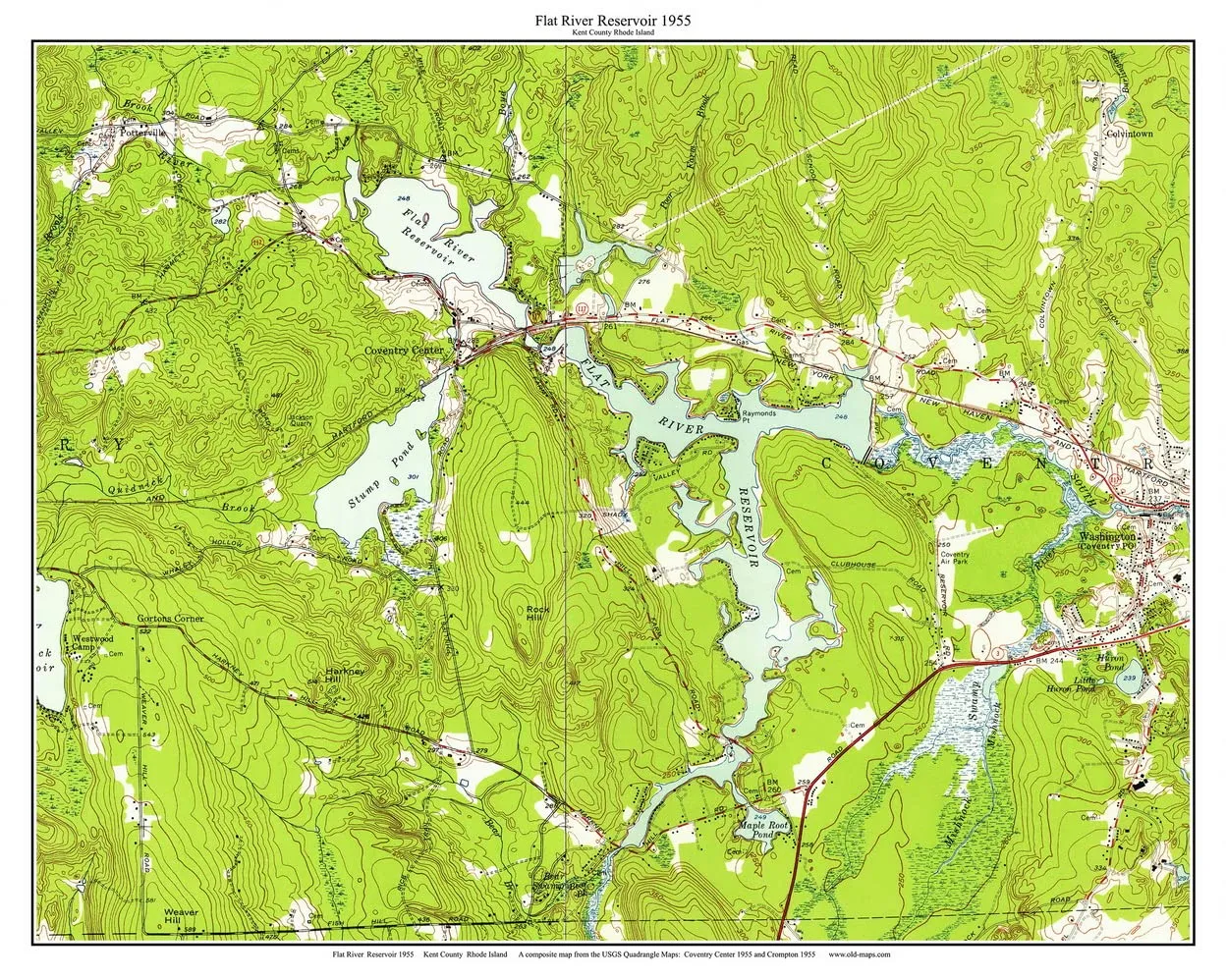 Flat River Reservoir 1955 - Old Topographic Map USGS Custom Composite Reprint Rhode Island Lakes 24x30