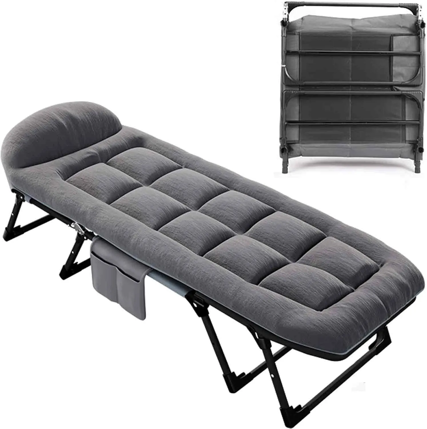Folding Camping Cot with Mattress, 6-Speed Adjustment, 8 Support Points at The Bottom, Side Storage Bag, can Sit, Lean Or Lie Down, Easy to Store, 170x55x25CM