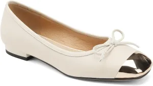 FOWT Simple Mini Square Metal Cap Toe Womens Off-White Flats Comfort Slip on Leather Bow Knot Lightweight Driving Shallow Shoes Fall Ladies Dressy Shoes for Uniform Travel, US Size 4-10.5 M