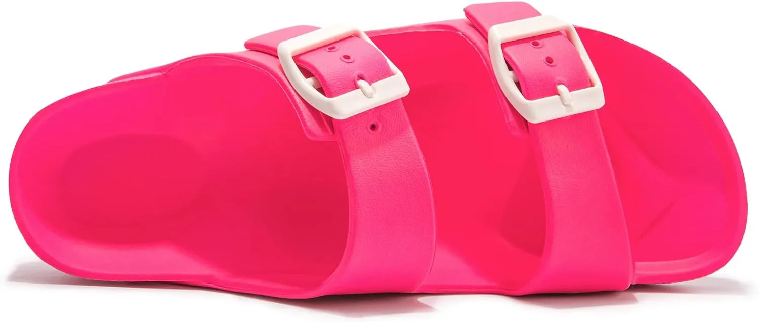 FUNKYMONKEY Women's Comfort Slides Double Buckle Adjustable Plastics Flat Sandals