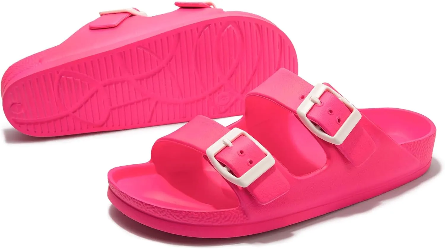 FUNKYMONKEY Women's Comfort Slides Double Buckle Adjustable Plastics Flat Sandals