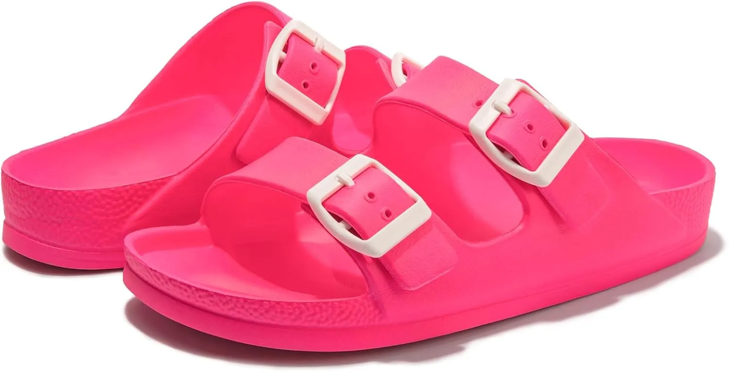 FUNKYMONKEY Women's Comfort Slides Double Buckle Adjustable Plastics Flat Sandals