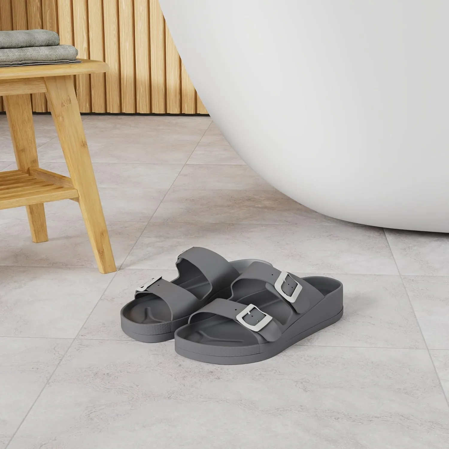 FUNKYMONKEY Women's Comfort Slides Double Buckle Adjustable Plastics Flat Sandals