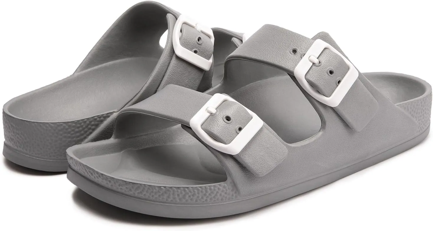 FUNKYMONKEY Women's Comfort Slides Double Buckle Adjustable Plastics Flat Sandals