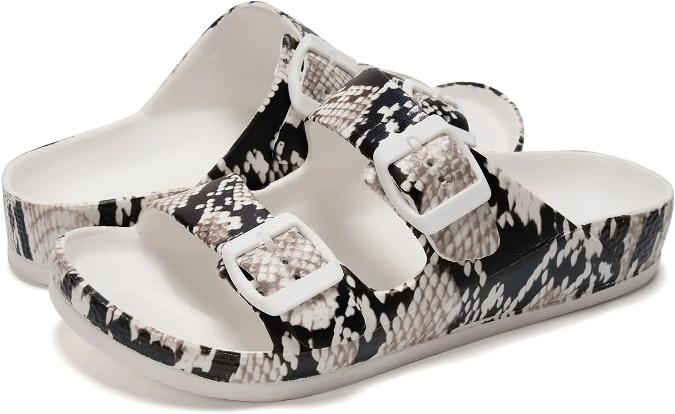 FUNKYMONKEY Women's Comfort Slides Double Buckle Adjustable Plastics Flat Sandals