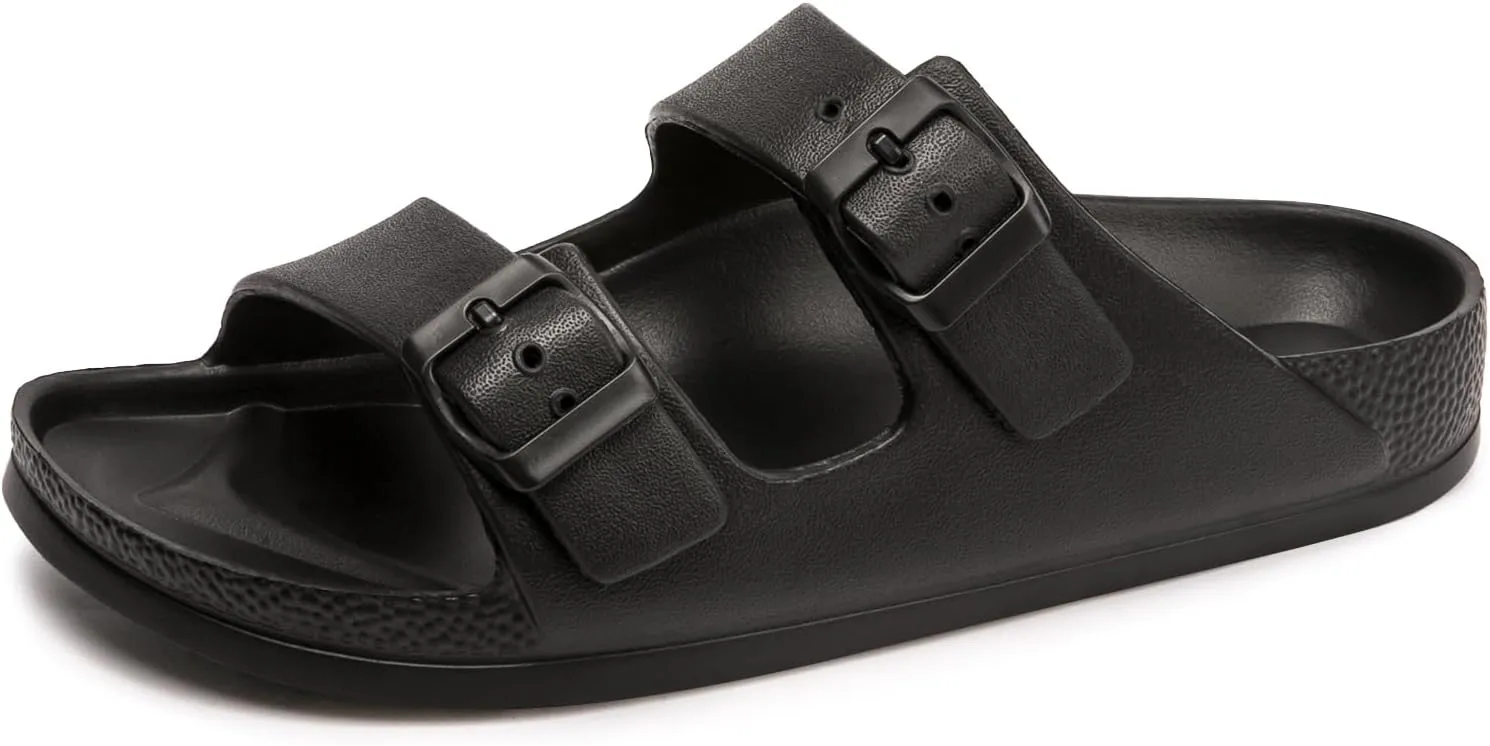 FUNKYMONKEY Women's Comfort Slides Double Buckle Adjustable Plastics Flat Sandals