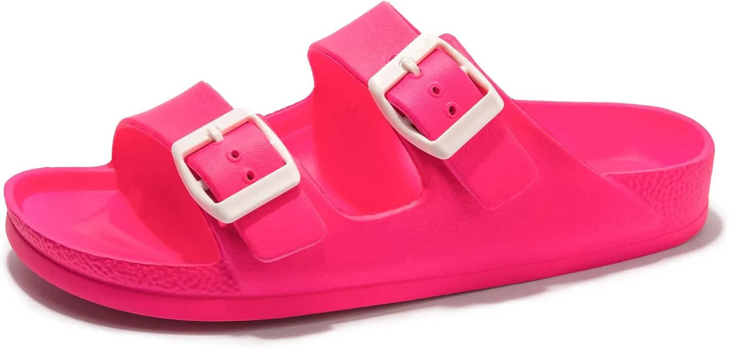FUNKYMONKEY Women's Comfort Slides Double Buckle Adjustable Plastics Flat Sandals