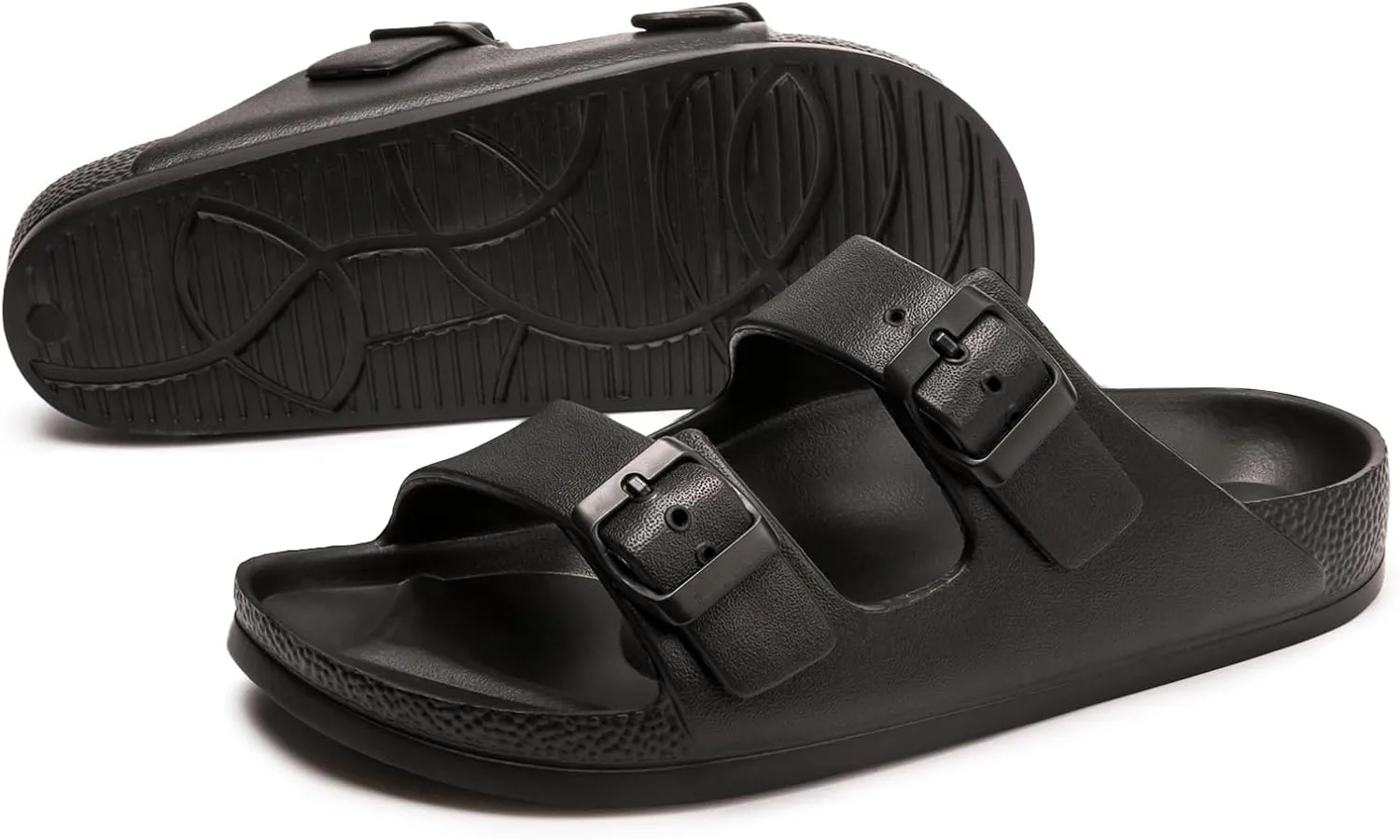 FUNKYMONKEY Women's Comfort Slides Double Buckle Adjustable Plastics Flat Sandals