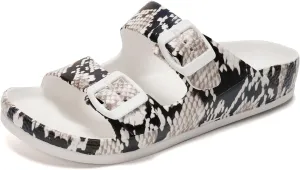 FUNKYMONKEY Women's Comfort Slides Double Buckle Adjustable Plastics Flat Sandals