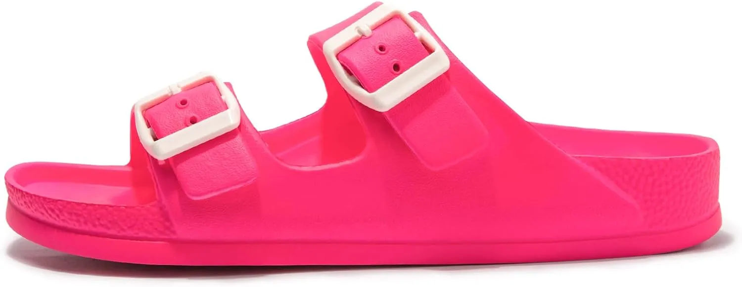 FUNKYMONKEY Women's Comfort Slides Double Buckle Adjustable Plastics Flat Sandals