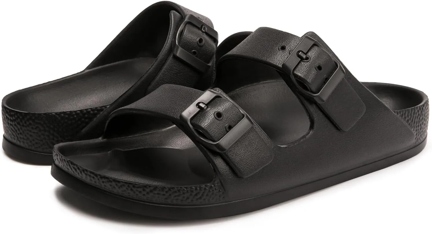 FUNKYMONKEY Women's Comfort Slides Double Buckle Adjustable Plastics Flat Sandals