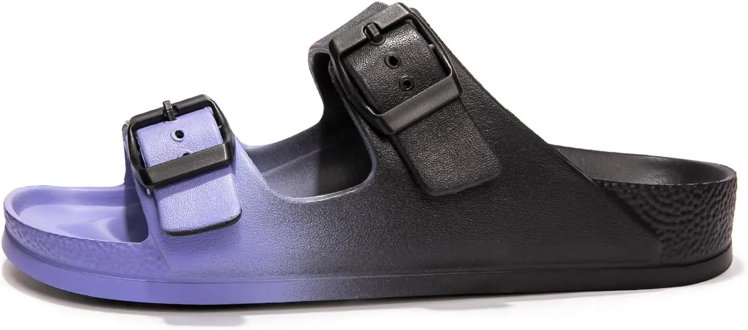 FUNKYMONKEY Women's Comfort Slides Double Buckle Adjustable Plastics Flat Sandals