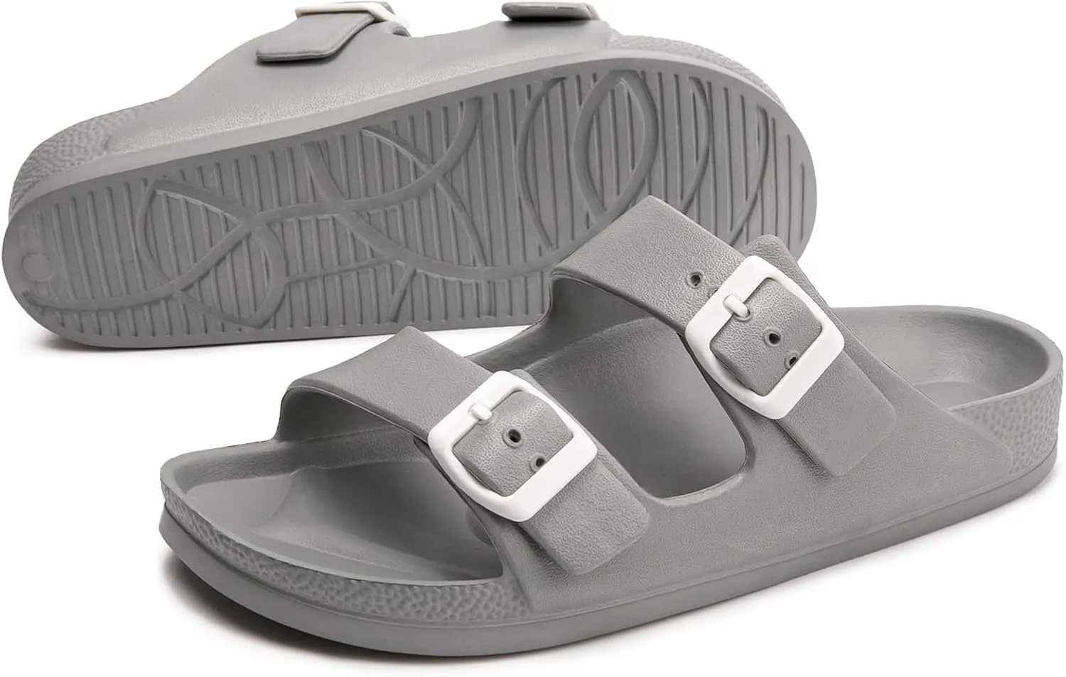 FUNKYMONKEY Women's Comfort Slides Double Buckle Adjustable Plastics Flat Sandals