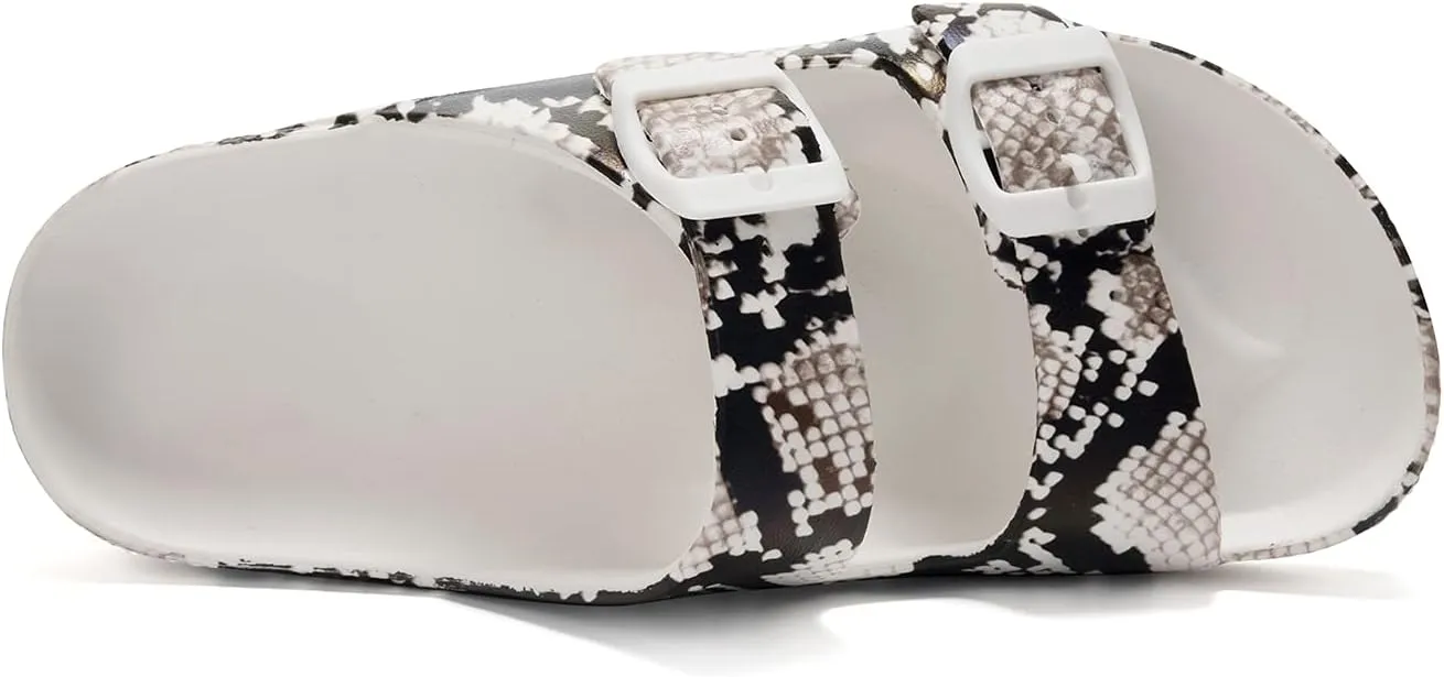 FUNKYMONKEY Women's Comfort Slides Double Buckle Adjustable Plastics Flat Sandals