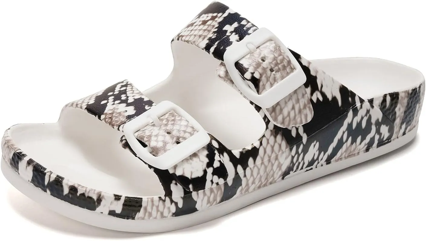 FUNKYMONKEY Women's Comfort Slides Double Buckle Adjustable Plastics Flat Sandals