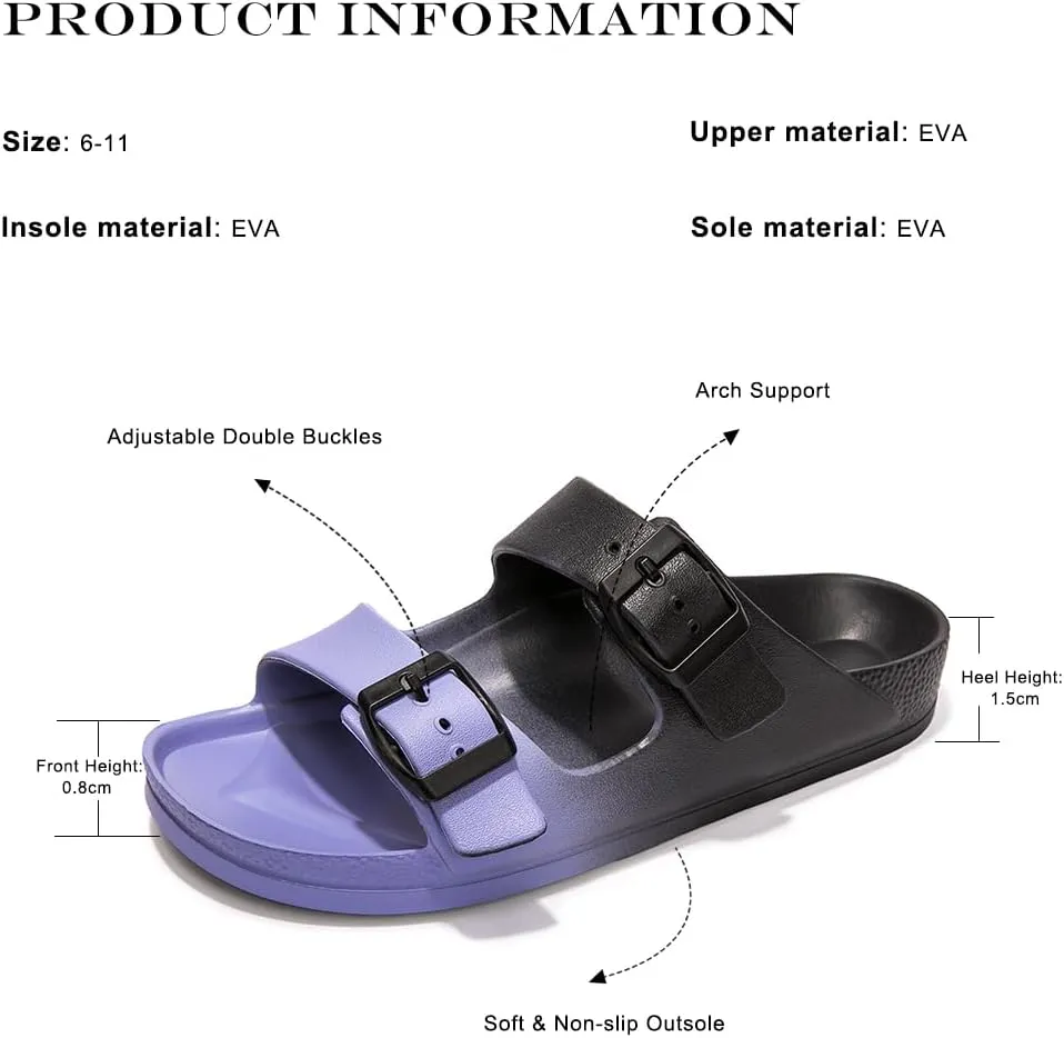 FUNKYMONKEY Women's Comfort Slides Double Buckle Adjustable Plastics Flat Sandals