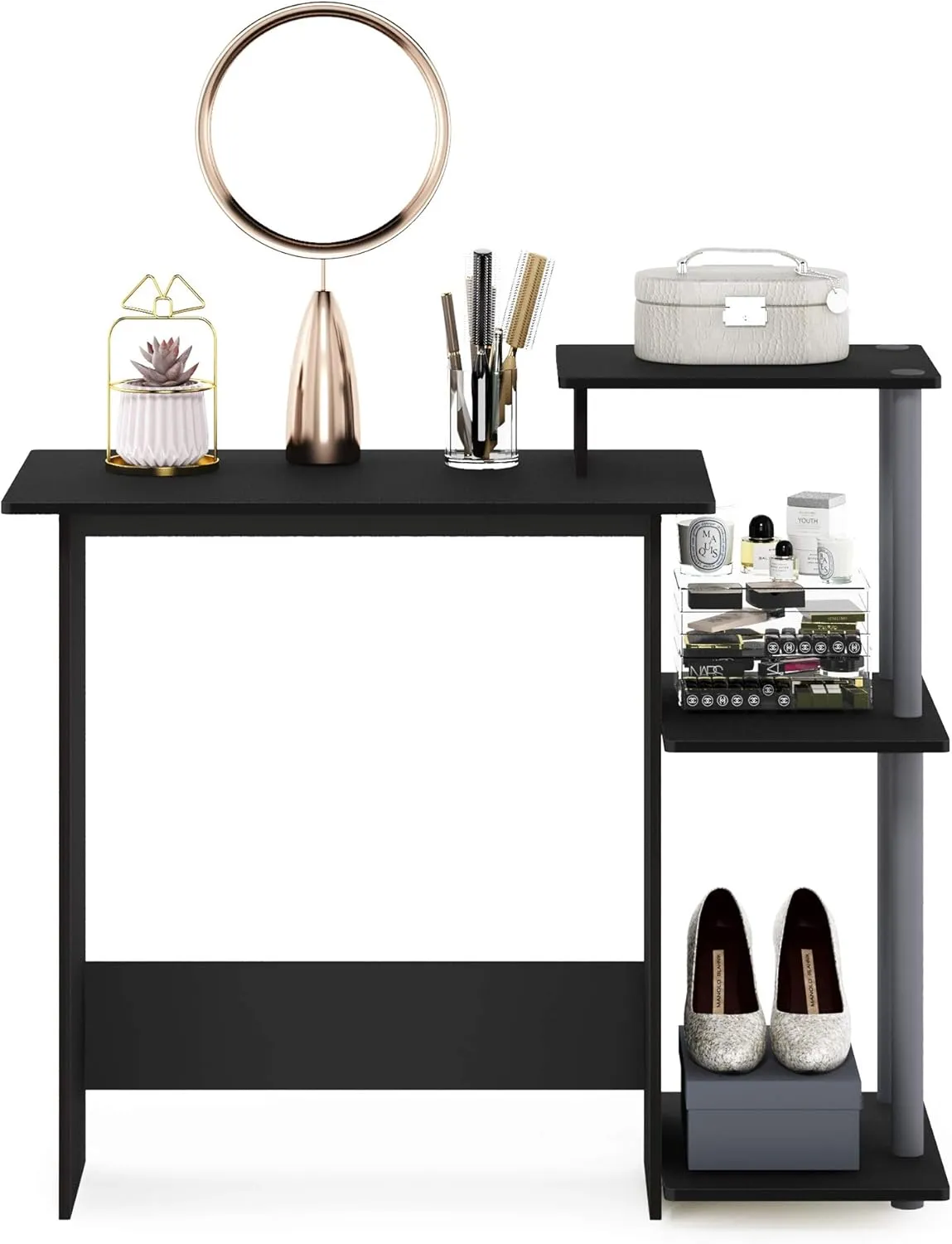 Furinno Efficient Home Laptop Notebook Computer Desk with Square Shelves, Black/Grey
